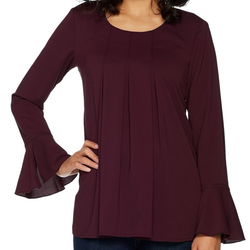 LOGO Lori Goldstein Pleated Woven Top Flounce Sleeves 2/$35